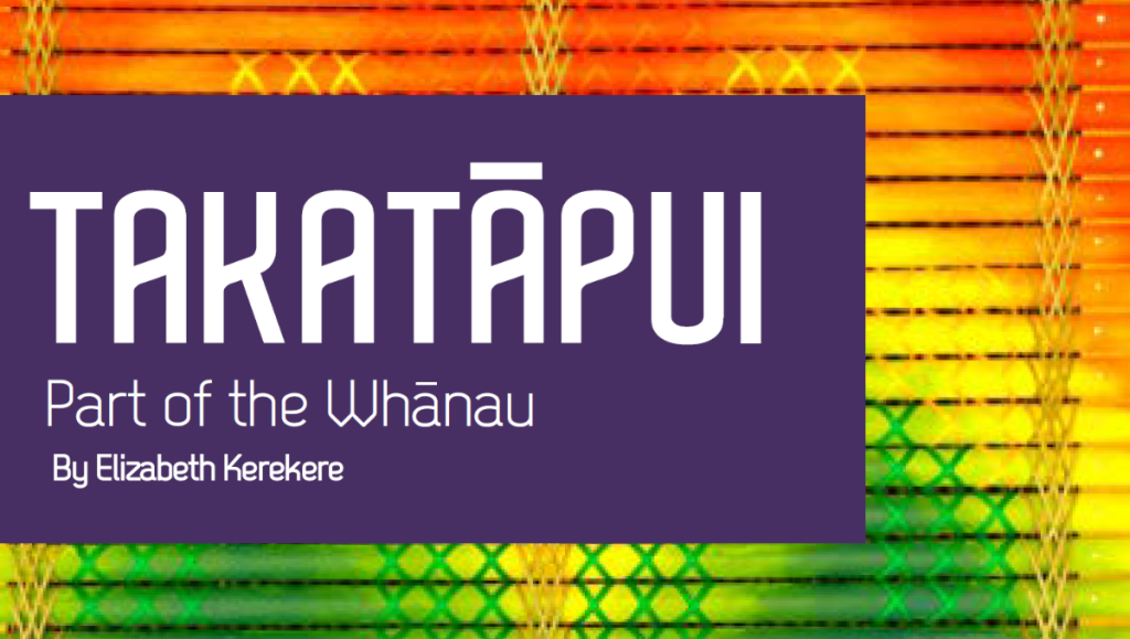 A close up of the front page of Elizabeth's book "Takatāpui: Part of the Whānau." The name of the book is white text on a purple background and Elizabeth's tukutuku panel "mana takatāupui is in the background.